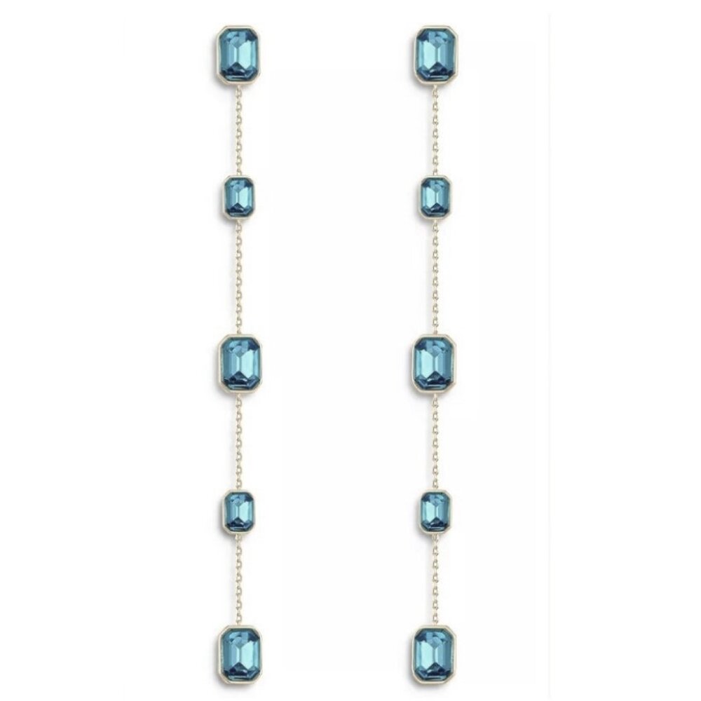 Ettika Earrings Sapphire Blue Crystal Dangle 18K Gold Plated 4.25"